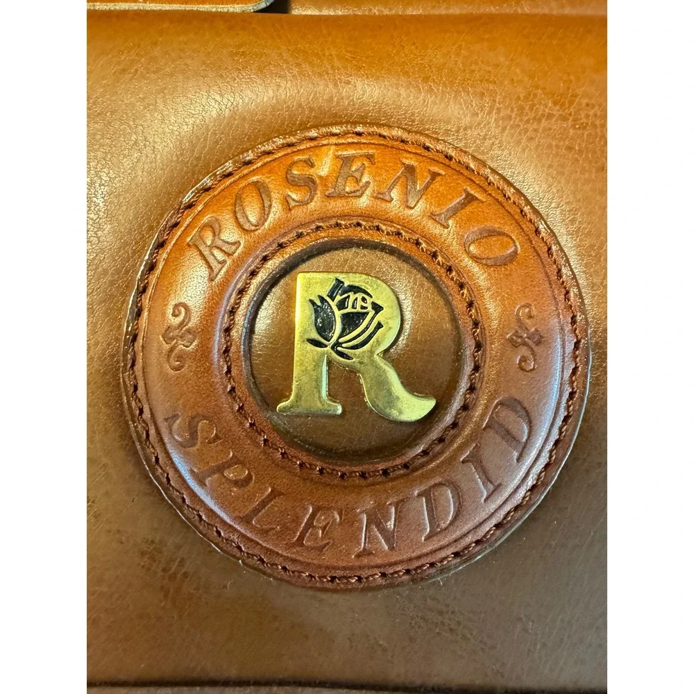 Rosenio Splendid Tan Leather Document Bag Portfolio Case Gold Rose Logo Vintage
